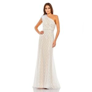 MAC DUGGAL 11317 NWT Lace Embellished Feathered One Shoulder Gown